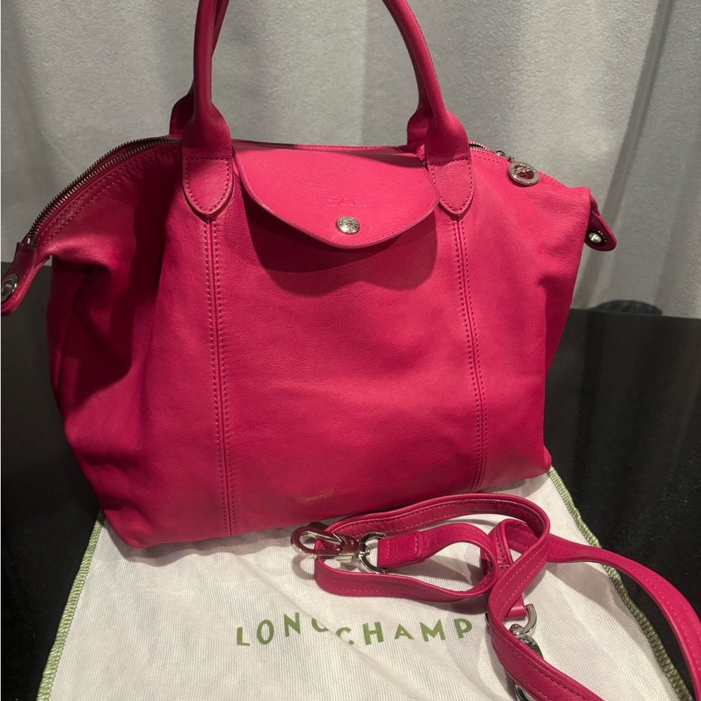 Authentic Longchamp Le Pliage Cuir Leather Zip Tote medium Shoulder Bag